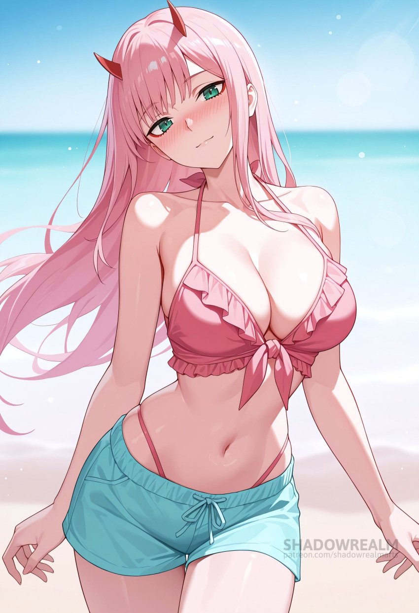 ai_generated bare_arms bare_shoulders beach bikini blue_shorts blue_sky blurry blurry_background blush breasts cleavage closed_mouth collarbone cowboy_shot darling_in_the_franxx day female frilled_bikini frills front-tie_bikini_top front-tie_top green_eyes halterneck head_tilt highleg horns large_breasts long_hair looking_at_viewer navel ocean outdoors pink_bikini pink_hair red_horns shadowrealmarts short_shorts shorts sky smile solo stomach swimsuit thigh_gap thighs uncensored zero_two_(darling_in_the_franxx)