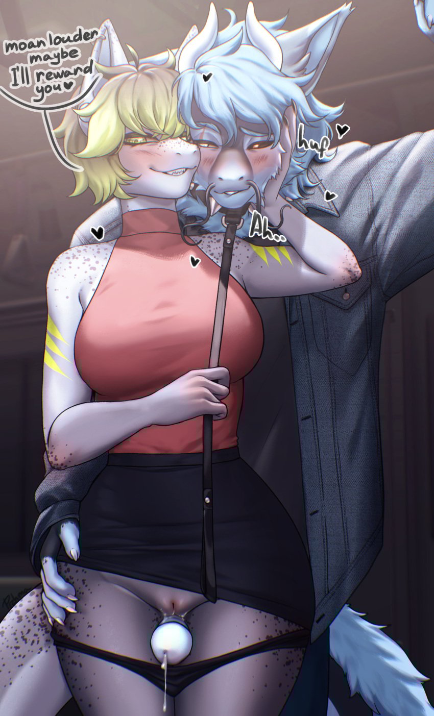 2025 5_fingers absurd_res anthro anthro_on_anthro biped blue_hair blue_tail blush bodily_fluids bottomwear breasts clenched_teeth clothed clothed_anthro clothed_female clothed_male clothing collar cum dialogue digital_media_(artwork) dragon duo english_text erection female fingers front_view genital_fluids genitals green_eyes green_hair hair hand_on_hip hi_res holding_leash holding_object horn leash leashed_collar looking_at_another male male/female mythological_creature mythological_scalie mythology open_clothing open_topwear panties panties_down partially_clothed penis pizhma pussy red_eyes scalie skirt smile standing tail teeth text topwear underwear underwear_down vulva