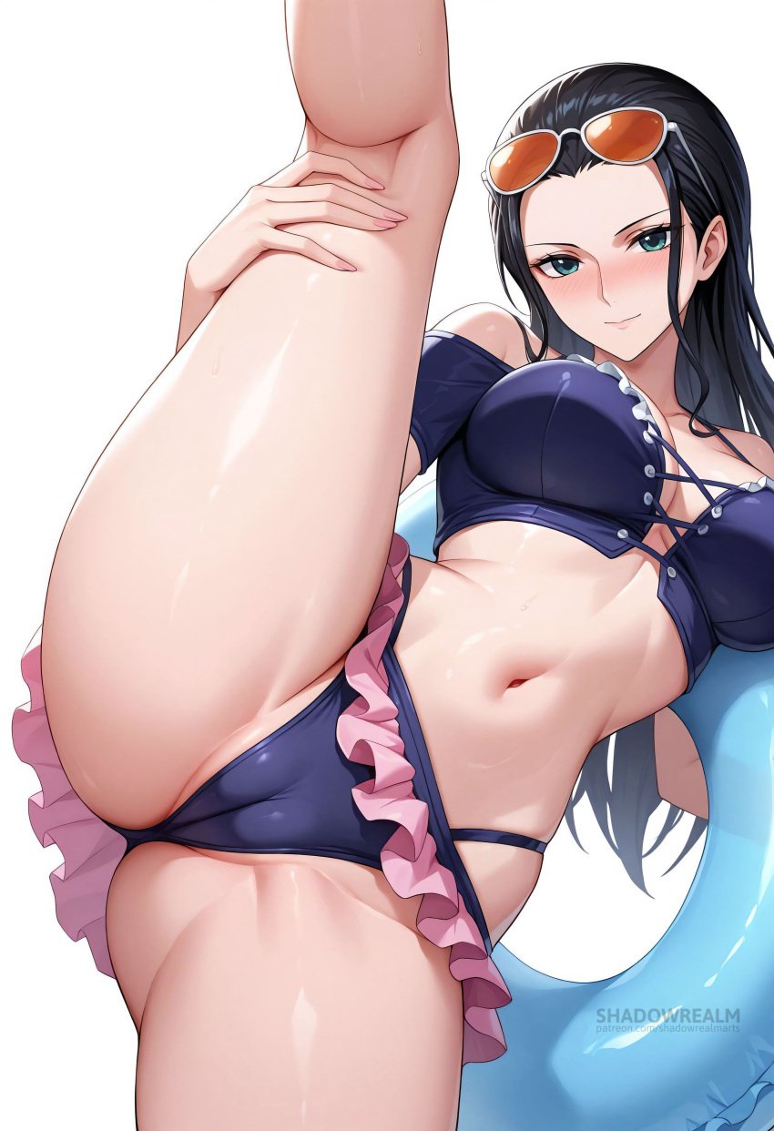 ai_generated bare_shoulders bikini black_hair blue_eyes blush breasts cameltoe closed_mouth clothing eyewear_on_head female female_only forehead frilled_bikini frills hair_slicked_back innertube large_breasts leg_hold leg_lift leg_up long_hair looking_at_viewer navel nico_robin off_shoulder official_alternate_costume one_piece shadowrealmarts simple_background smile solo split standing standing_on_one_leg standing_split stomach sunglasses swim_ring swimsuit thighs uncensored white_background