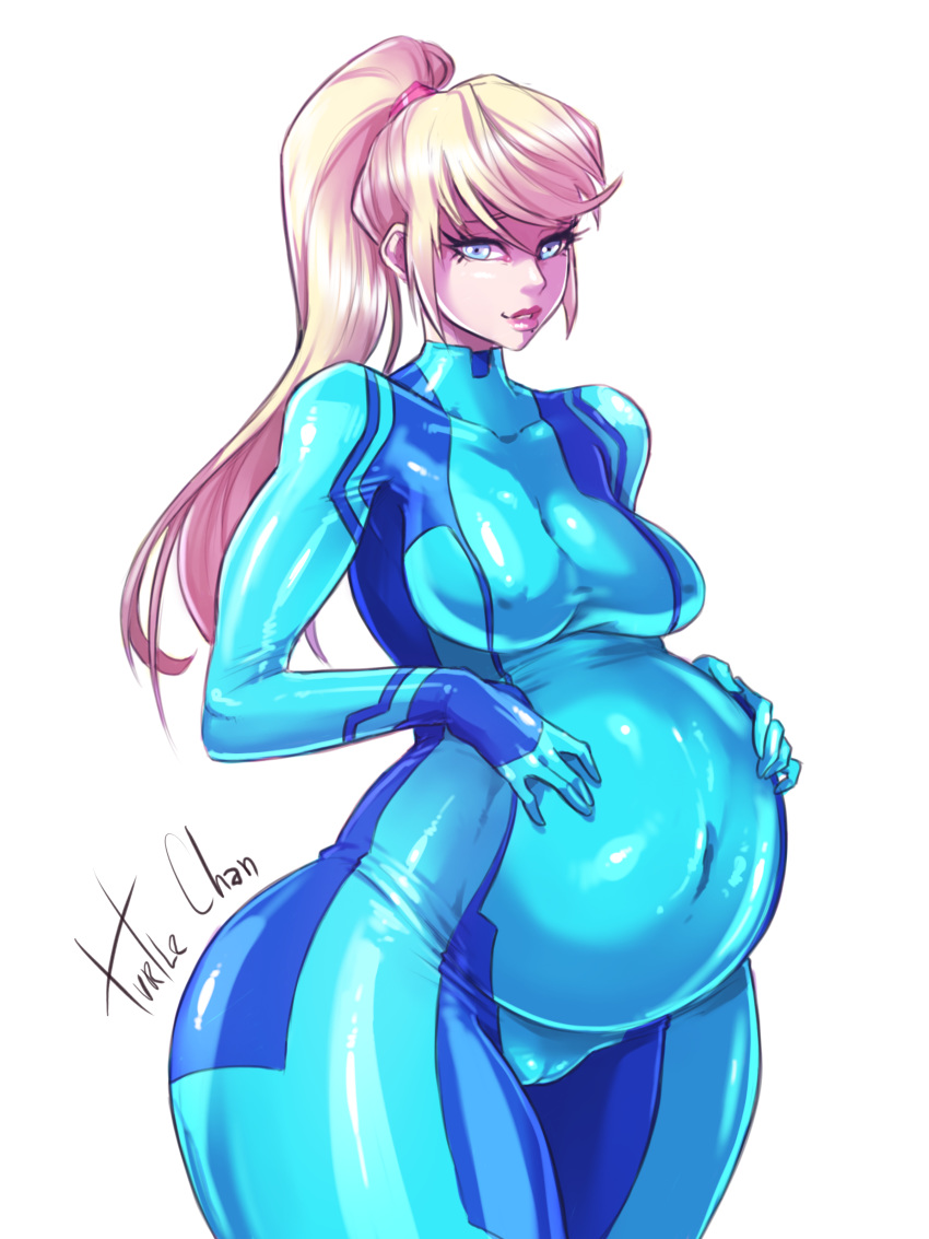 1girls bimbo blonde_hair blue_eyes bodysuit cameltoe female gloves hand_on_stomach lipstick looking_at_viewer medium_breasts metroid mole_under_mouth nintendo nipple_bulge ponytail pregnant ready_to_pop samus_aran sidelocks skin_tight solo tagme turtlechan zero_suit zero_suit_samus