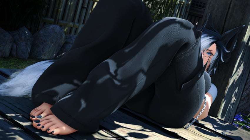 1girls aylen_dawn aylen_ffxiv black_hair black_toenails blue_eyes canid canine crop_top emo feet feet female female_focus female_only final_fantasy final_fantasy_xiv foot_fetish foot_focus fox_ears fox_girl glasses goth gothic gpose(ffxiv) jeans kemonomimi miqo&#039;te piercing solo_female solo_focus sweater tattoo toennail_polish toes tomboy underboob underwear
