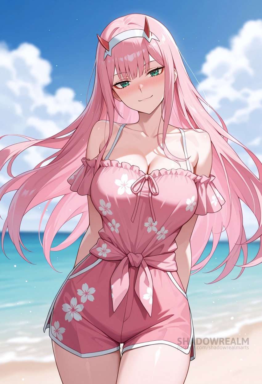 ai_generated arms_behind_back bare_shoulders beach blue_sky blush breasts cleavage closed_mouth cloud collarbone cowboy_shot darling_in_the_franxx day female floral_print green_eyes hairband horns large_breasts long_hair looking_at_viewer ocean off-shoulder_shirt off_shoulder outdoors pink_hair pink_shirt pink_shorts shadowrealmarts shirt short_shorts shorts sky smile solo thigh_gap thighs uncensored water web_address white_hairband zero_two_(darling_in_the_franxx)