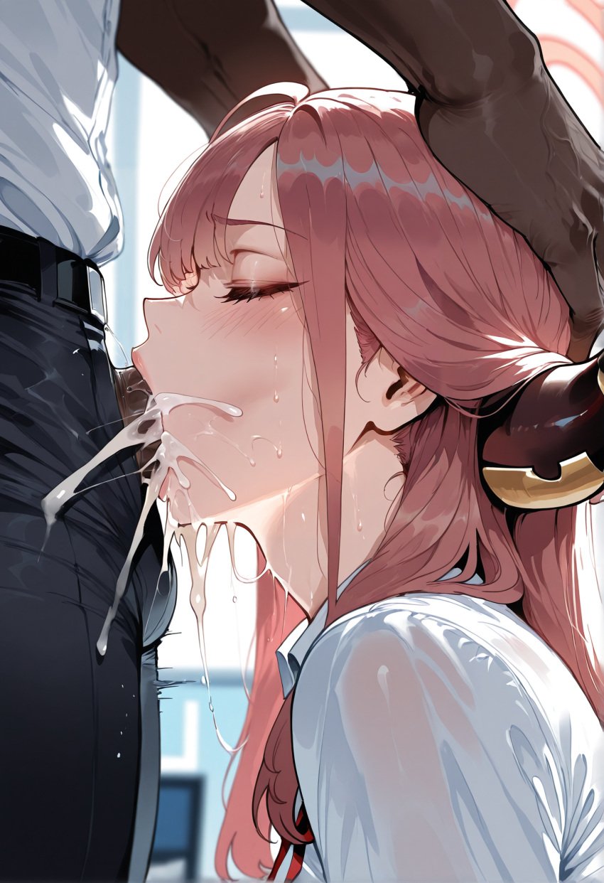 1boy 1girls ai_generated aru_(blue_archive) ass big_breasts blowjob blue_archive breasts cum cum_in_mouth dark-skinned_male fellatio female female_focus gehenna_academy_student hips horns huge_ass huge_breasts large_breasts light-skinned_female long_hair looking_pleasured pink_hair problem_solver_68_(blue_archive) sweat thick_thighs thighs wide_hips yellow_eyes