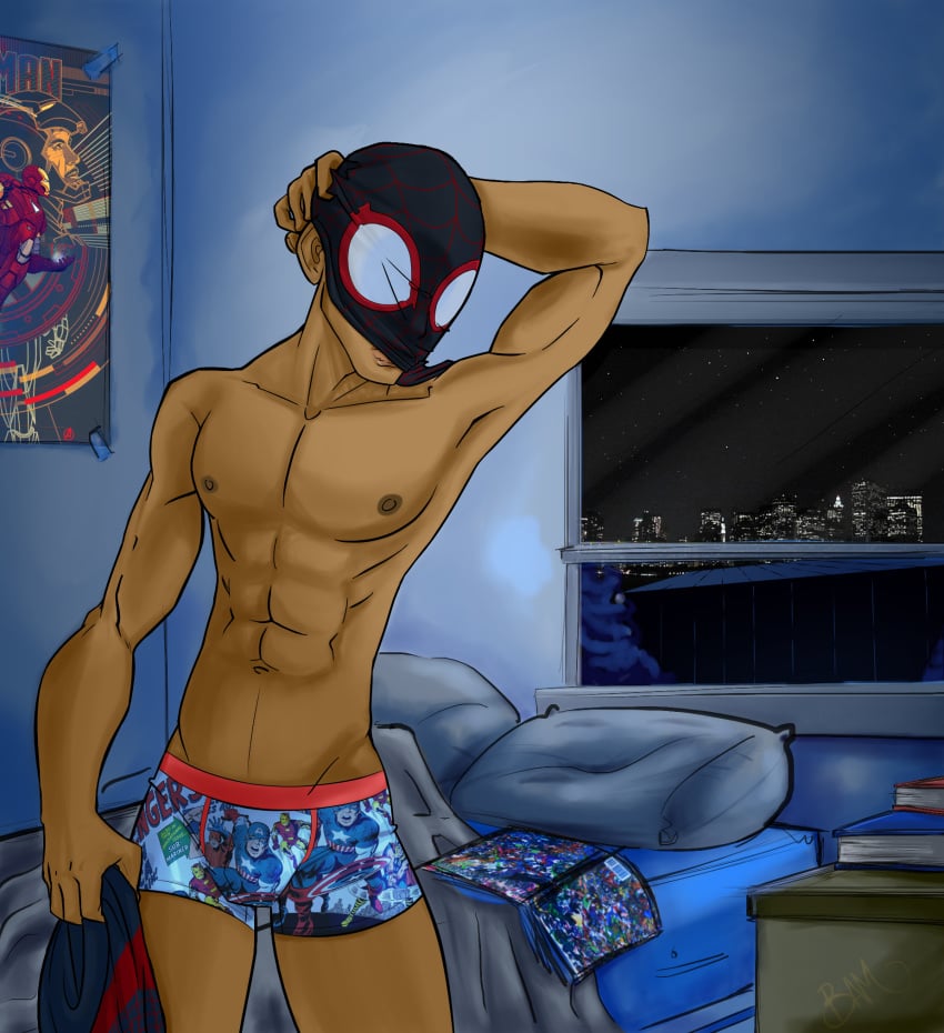 boxers male male_only marvel melanin miles_morales smooth_skin spider-man_(miles_morales) spider-man_(series) teen_boy trunks_(clothing) ultimate_spider-man underwear