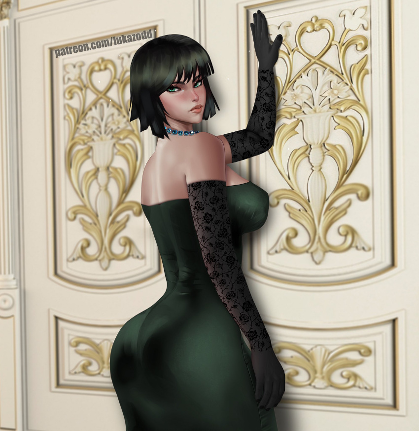 1girls ass ass_in_dress back back_view bangs big_ass big_breasts big_butt blush breasts busty clothed clothing curvaceous curvy curvy_body curvy_female curvy_figure dark_green_hair dress eye_contact fat_ass female female_focus female_only fringe fubuki_(one-punch_man) gloves green_eyes green_hair highres large_ass large_breasts large_butt light-skinned_female light_skin lips lipstick long_gloves looking_at_viewer lukazodd medium_hair necklace one-punch_man pose round_ass short_hair side_view sideboob slim slim_waist solo solo_female solo_focus thick thick_ass tight_clothing tight_dress voluptuous waist wide_hips