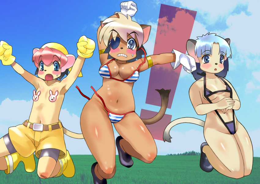 3girls alicia_pris bandai_namco bikini cat cat_girls cat_humanoid catgirls eye_patch flare_pris multiple_girls sisters stare_pris swimsuit tagme tail_concerto wardrobe_malfunction