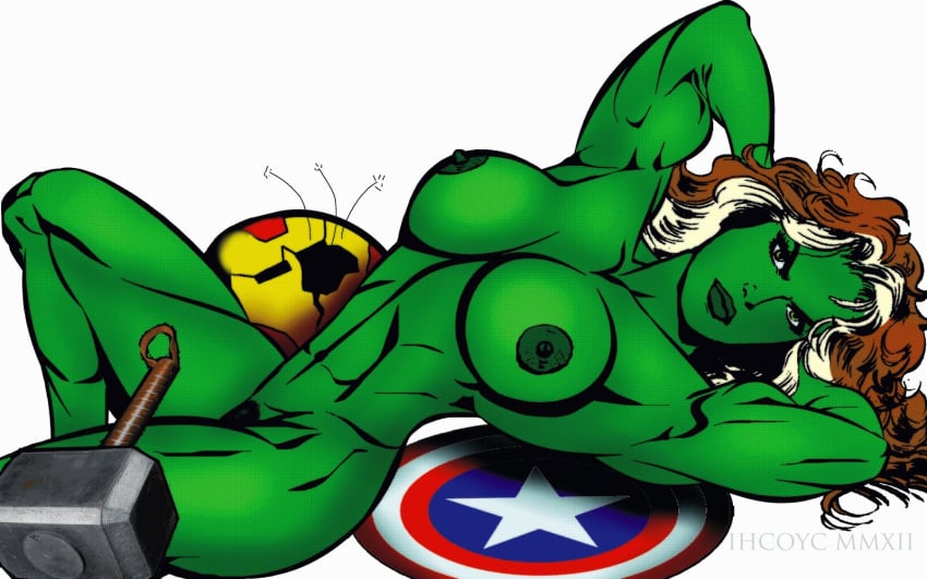 abs anna_marie areola avengers biceps breasts brown_hair female green_eyes green_skin hammer ihcoyc marvel marvel_comics muscles nipples nude pubic_hair rogue_(x-men) solo uncensored white_hair x-men