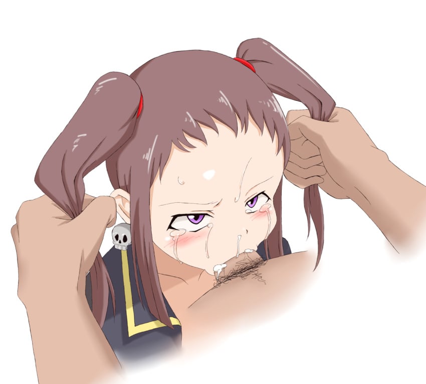 1girls blush brown_hair crying deepthroat female handlebars idolmaster idolmaster_cinderella_girls light_skin male oral penis pigtails pulling_hair purple_eyes reina_koseki skull_earrings tears tied_hair twintails white_background