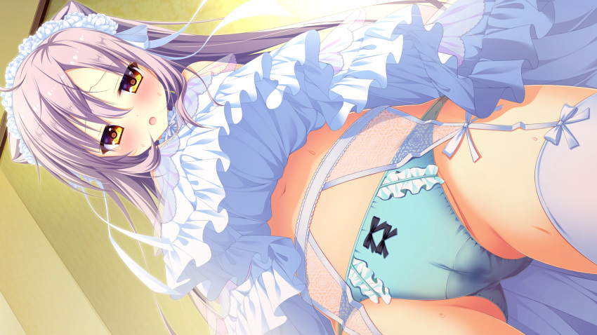 blush circus game_cg garter kosaka_miyori mitsumomo_mamu panties skirt_lift tenpure!! thighhighs underwear wet white_hair yellow_eyes