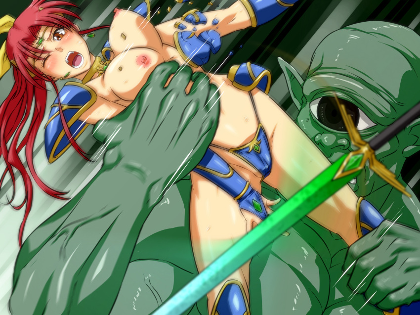 1girls 2012 asagiri_youko bikini_armor breasts female genmu_senki_leda human huracan_(artist) light-skinned_female light_skin long_hair monster nipples ponytail red_hair sword