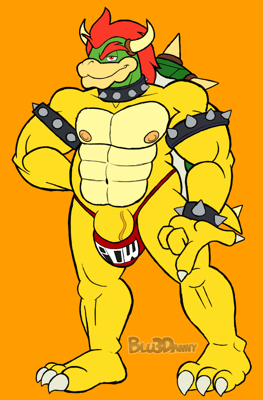 2015 biceps big_muscles big_penis blu3danny bowser claws clothed clothing collar dragon flaccid hair horn hybrid koopa looking_at_viewer male male_only mario_(series) muscles nintendo nipples penis presenting red_eyes red_hair reptile scalie skimpy solo thick_penis toe_claws toned turtle vein veiny_penis