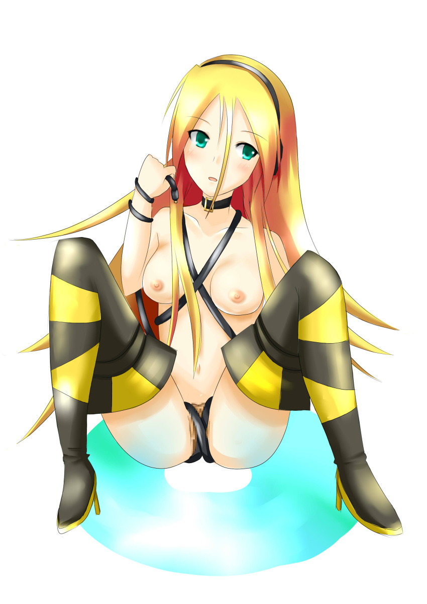 1girl 1girls artist_request blush boobs breasts censored high_heel_boots high_heels lily_(vocaloid) mosaic_censoring nipples partially_clothed solo source_request tagme tits vocaloid vocaloid_3