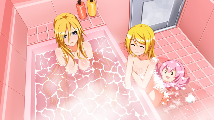 background barefoot bath bathroom bathtub blonde_hair breasts cleavage color female female_only flat_chest foam grey_eyes happy high_resolution human kagamine_rin kneeling large_breasts lily_(vocaloid) long_hair luka_megurine nude pink revision short_hair smile tako_luka takoluka vocaloid water yakitori_(oni)