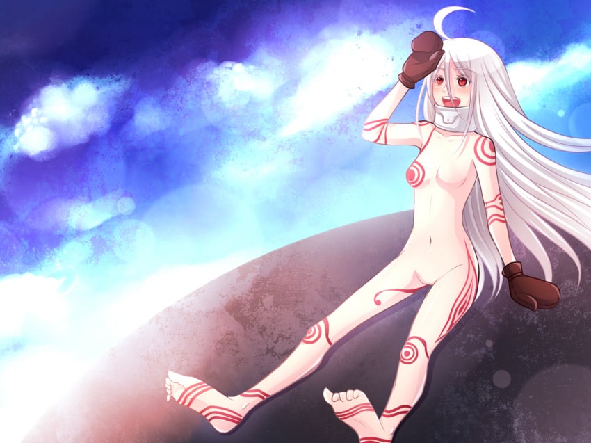 1girls barefoot bodysuit collar deadman_wonderland female female_only long_hair navel pale-skinned_female pale_skin red_eyes shiro_(deadman_wonderland) smile solo tagme white_hair white_skin