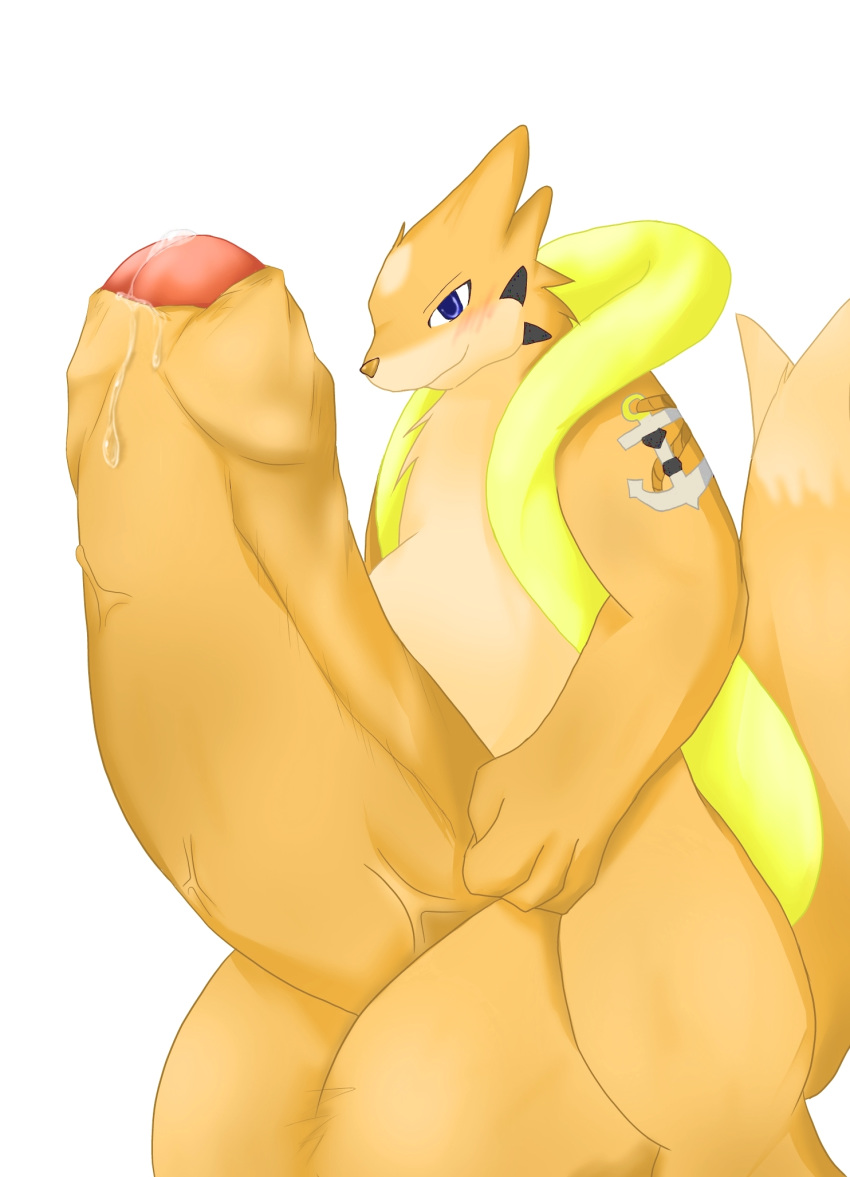 anthro blue_eyes blush color cum floatzel fur furry hyper hyper_penis looking_at_viewer male male_only orange_fur pokemon pokemon_dppt precum smile solo tattoo veiny_penis white_background zax_(artist)