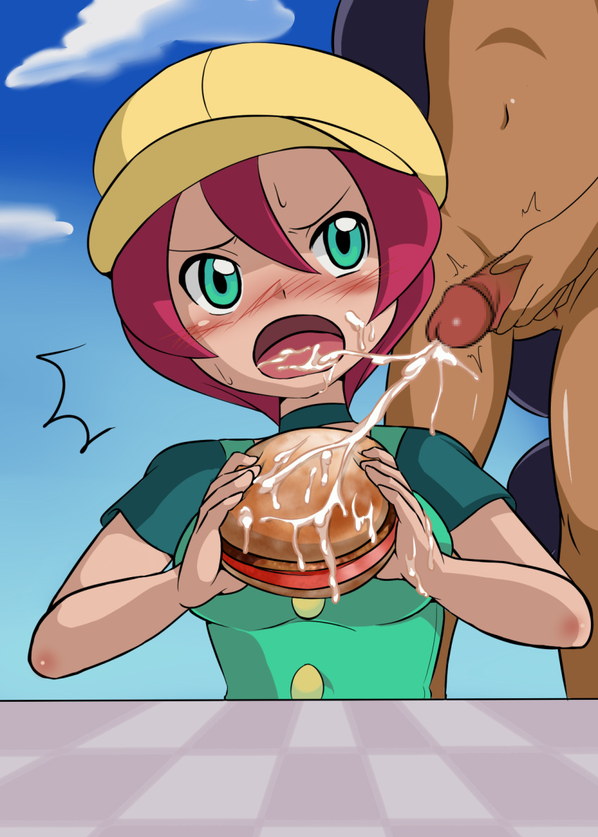 annoyed burger color cum cum_on_food female food front_view futanari georgia_(pokemon) human intersex iris_(pokemon) langley_(pokemon) pokemon refuto