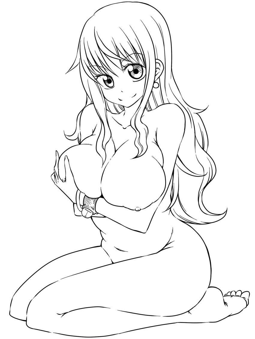 barefoot breasts female female_only hanya_(hanya_yashiki) kneeling line_art logpose nami nipples nude one_piece post-timeskip smile