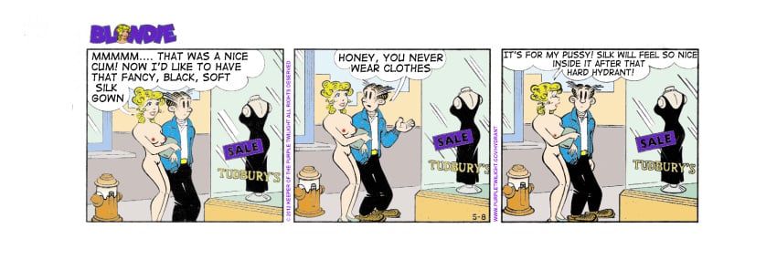 blondie_(comic) blondie_bumstead casual clothed_male clothing comic_strip dagwood_bumstead edit female human male nude_edit nude_female nudist pale_skin public tagme white_background