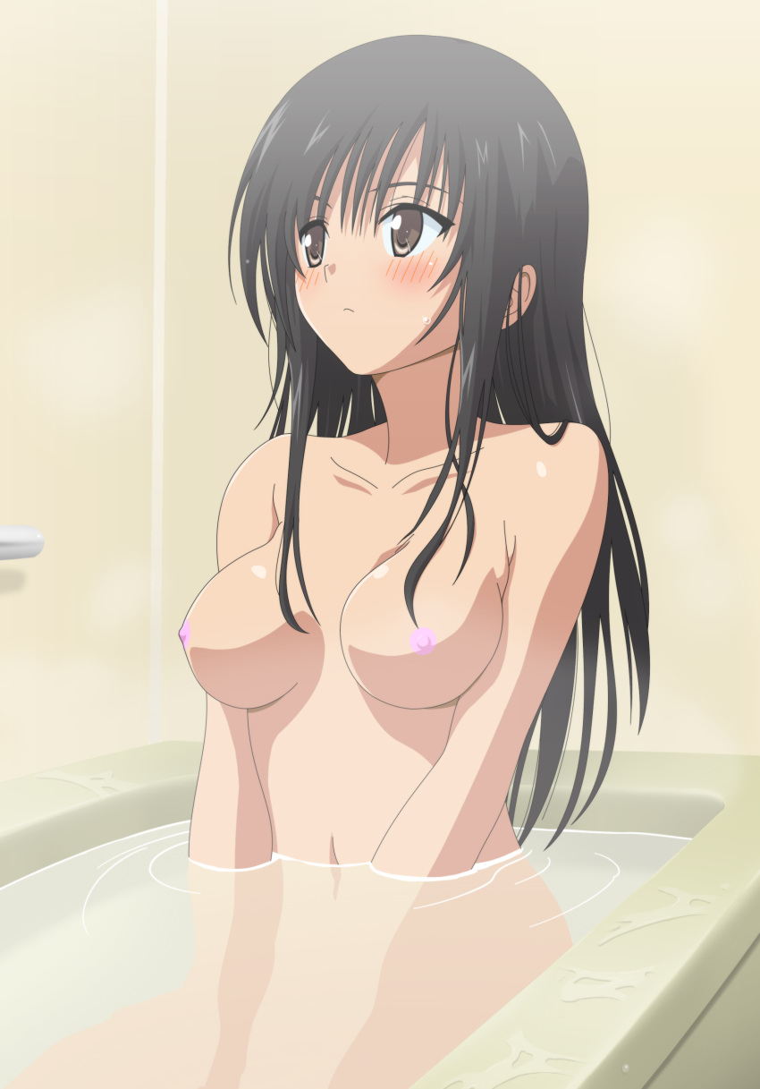 1girls bare_shoulders bath black_hair blush breasts brown_eyes collarbone female high_resolution kotegawa_yui long_hair nipples nude small_breasts small_nipples solo to_love-ru toshi5765 toshi_(anime_coloring) water