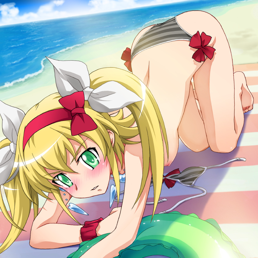 beach bikini blonde_hair bow female green_eyes highres innertube ocean pointy_chin ponytail saipaco sea shishidou_nami sora_wo_kakeru_shoujo striped swimsuit tied_hair topless