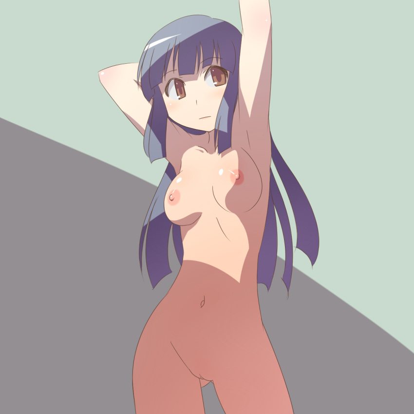 aaaa armpits arms_up black_hair brown_eyes female highres long_hair navel nude original pussy shade shadow solo uncensored