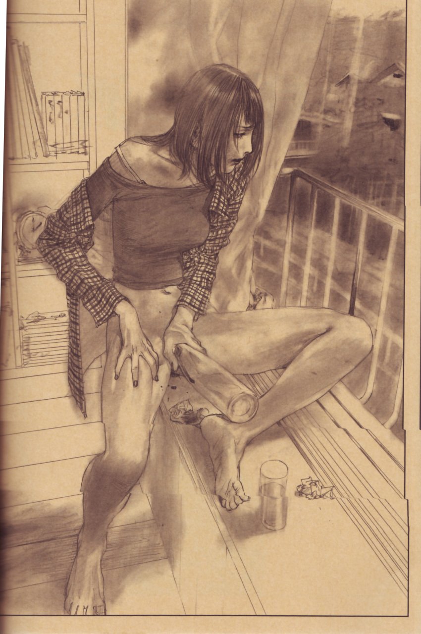 balcony barefoot blood book bookcase bookshelf bottle bottomless clock closed_eyes feet glass guro highres hiroaki_samura masturbation monochrome navel pencil scan toes