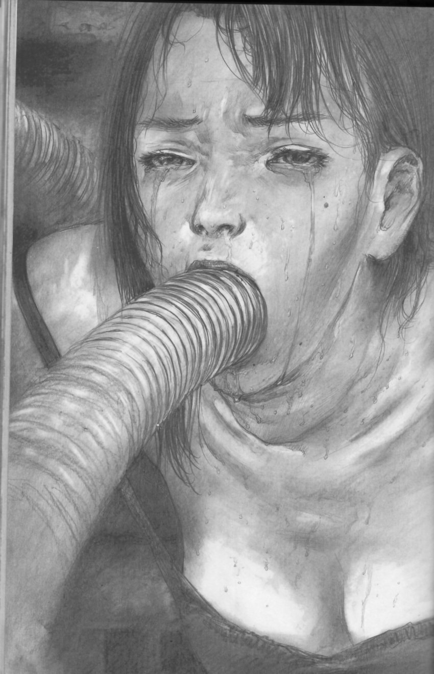 breasts cleavage deepthroat gag gagging guro highres hiroaki_samura mascara monochrome oral pencil realistic runny_makeup scan struggling_to_fit sweat tears tentacle throat_bulge traditional_media