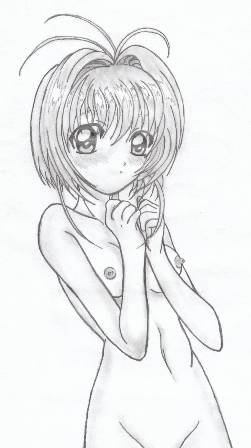 1girls blush breasts cardcaptor_sakura female greyscale human looking_at_viewer monochrome nipples nude rabu-nyan sakura_kinomoto short_hair sketch small_breasts solo tagme young