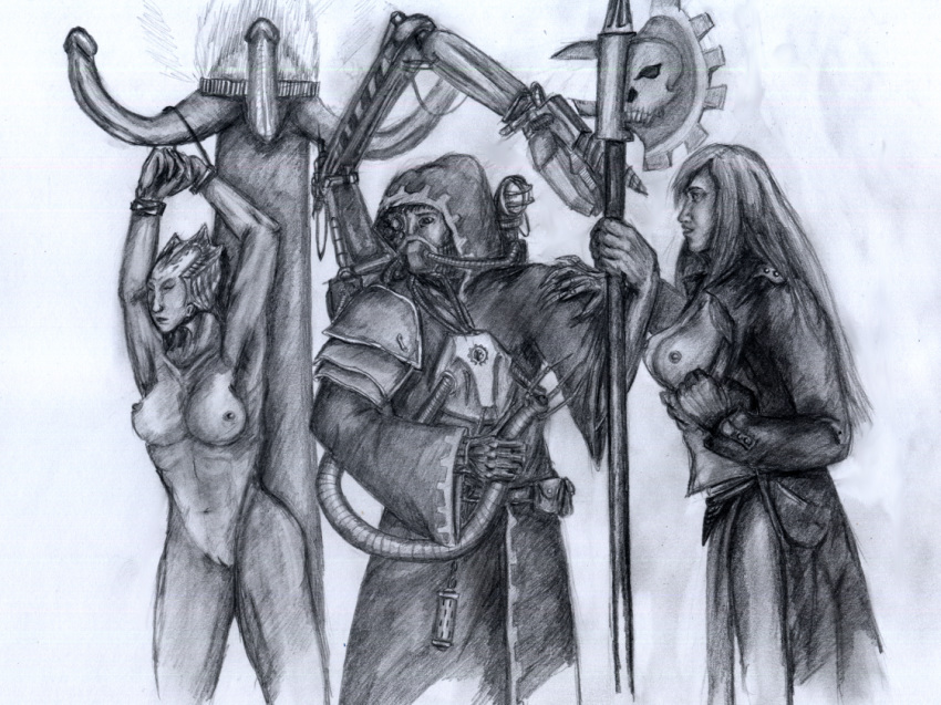 2girls adeptus_mechanicus babylon_5 cryomage female greyscale imperium_of_man minbari monochrome sketch tagme techpriest warhammer_(franchise) warhammer_40k