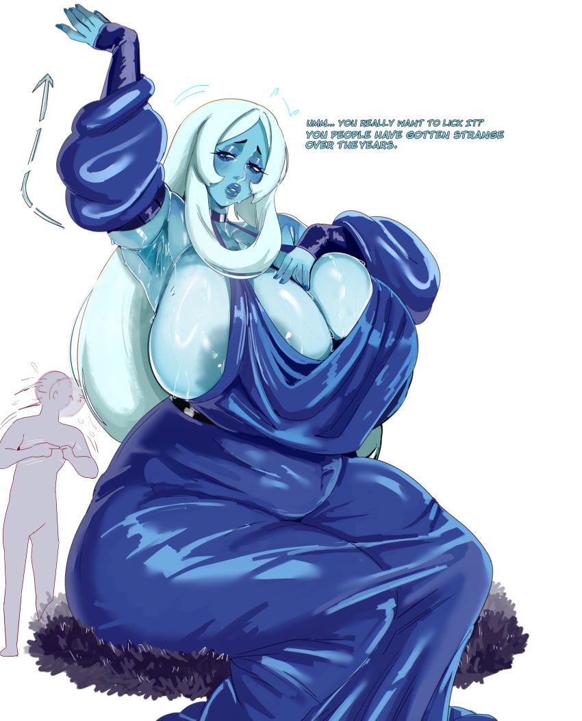 1boy 1girls absurd_res absurd_resolution alien alien_girl alien_humanoid anon anonymous_male areolae arm_up armpit_sweat armpits big_breasts blue-skinned_female blue_body blue_diamond_(steven_universe) blue_dress blue_eyes blue_hair blue_nipples blue_skin breasts cartoon_network deooxido dialogue english_text female female_focus high_quality high_resolution highres humanoid imminent_lick long_hair non-human non-mammal_breasts steven_universe sweat sweatdrop thick_thighs voluptuous voluptuous_female wide_hips