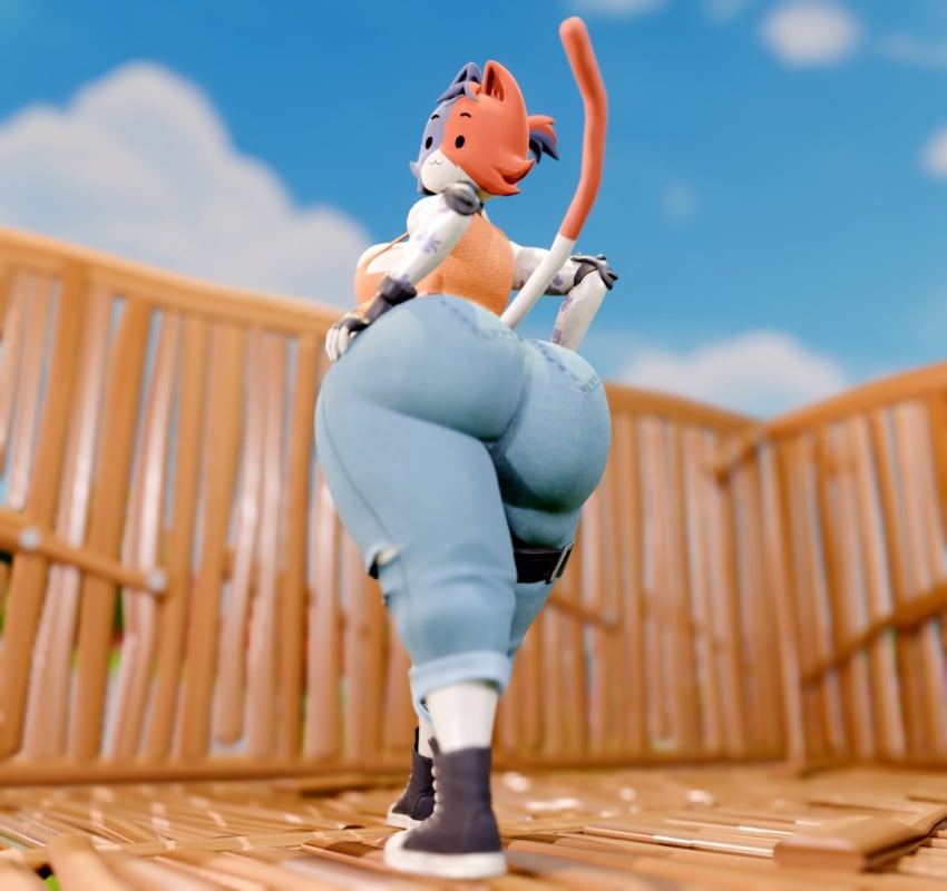 1girls 3d 3d_(artwork) alternate_version_available anthro ass big_ass cate_meowdy_(fortnite) clothed clothed_female dwrenders female female_only fortnite full_body furry looking_at_viewer looking_back solo solo_female