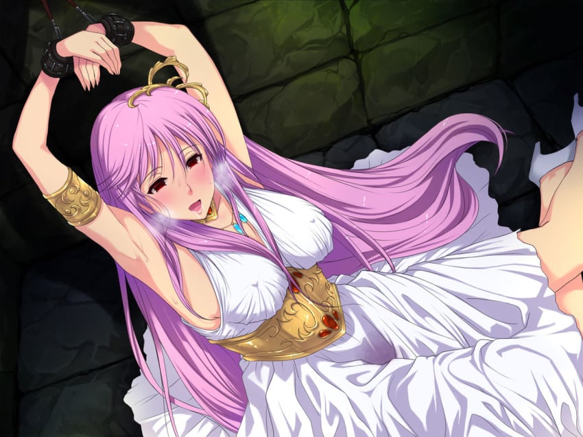 arms_above_head arms_up athena_(saint_seiya) bondage bound_wrists dress dungeon female_only long_dress nipple_bulge pink_doragon saint_seiya saori_kido shackles solo tagme