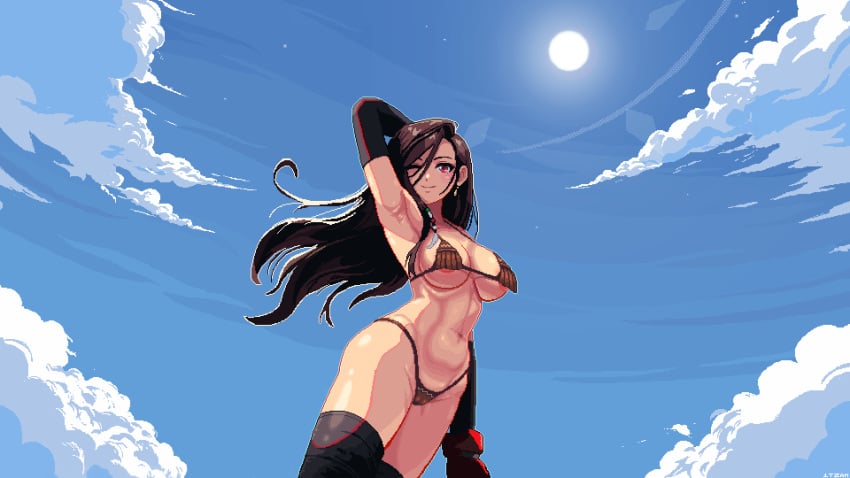 bikini breasts brown_hair clouds earrings female female_only final_fantasy final_fantasy_vii floating_hair gloves hair_between_eyes hand_up itzah jewelry looking_at_viewer micro_bikini navel nipple_slip outdoors pixel_art puffy_nipples red_eyes sky smile solo sun thighhighs tifa_lockhart wardrobe_malfunction wink