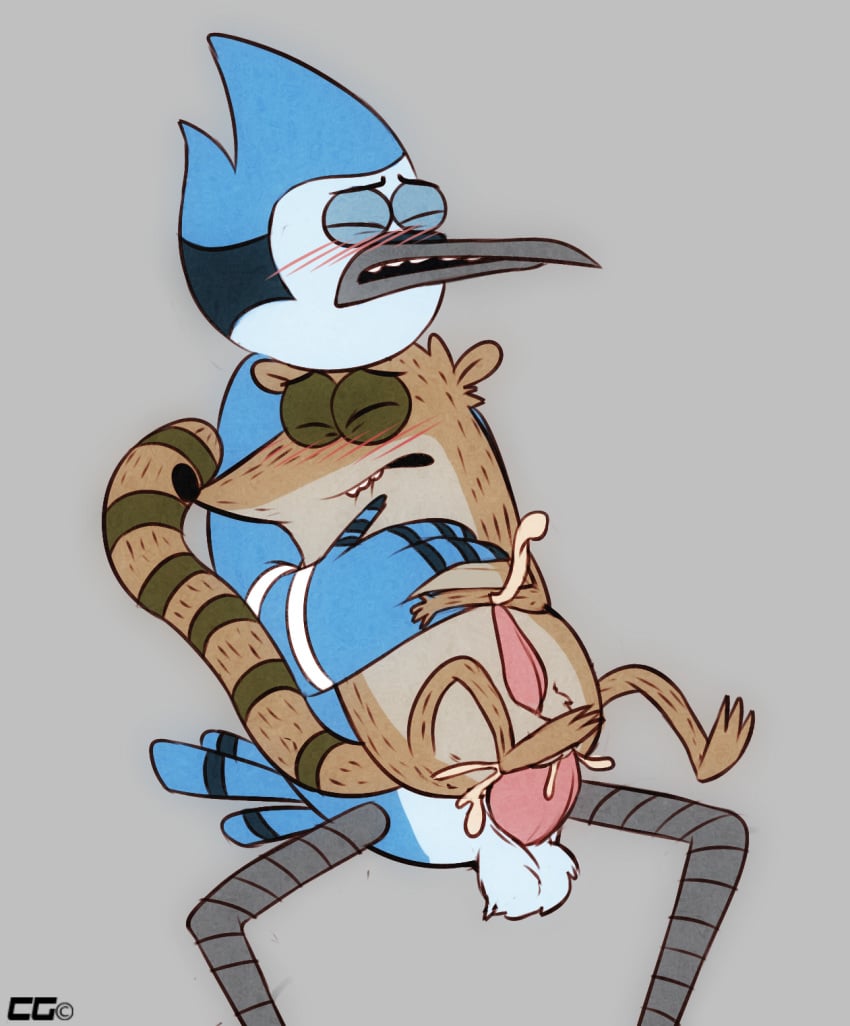 anal anal_sex avian balls bird blue_jay blush closed_eyes crazedg duo male male_only mammal mordecai penetration penis raccoon regular_show rigby yaoi