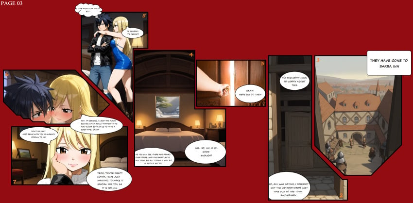 1boy ai_generated background black_hair black_leather_jacket blonde_hair blue_dress blush boots comic couple english fairy_tail female gray_fullbuster hugging jeans lucy_heartfilia mini_dress text work_in_progress