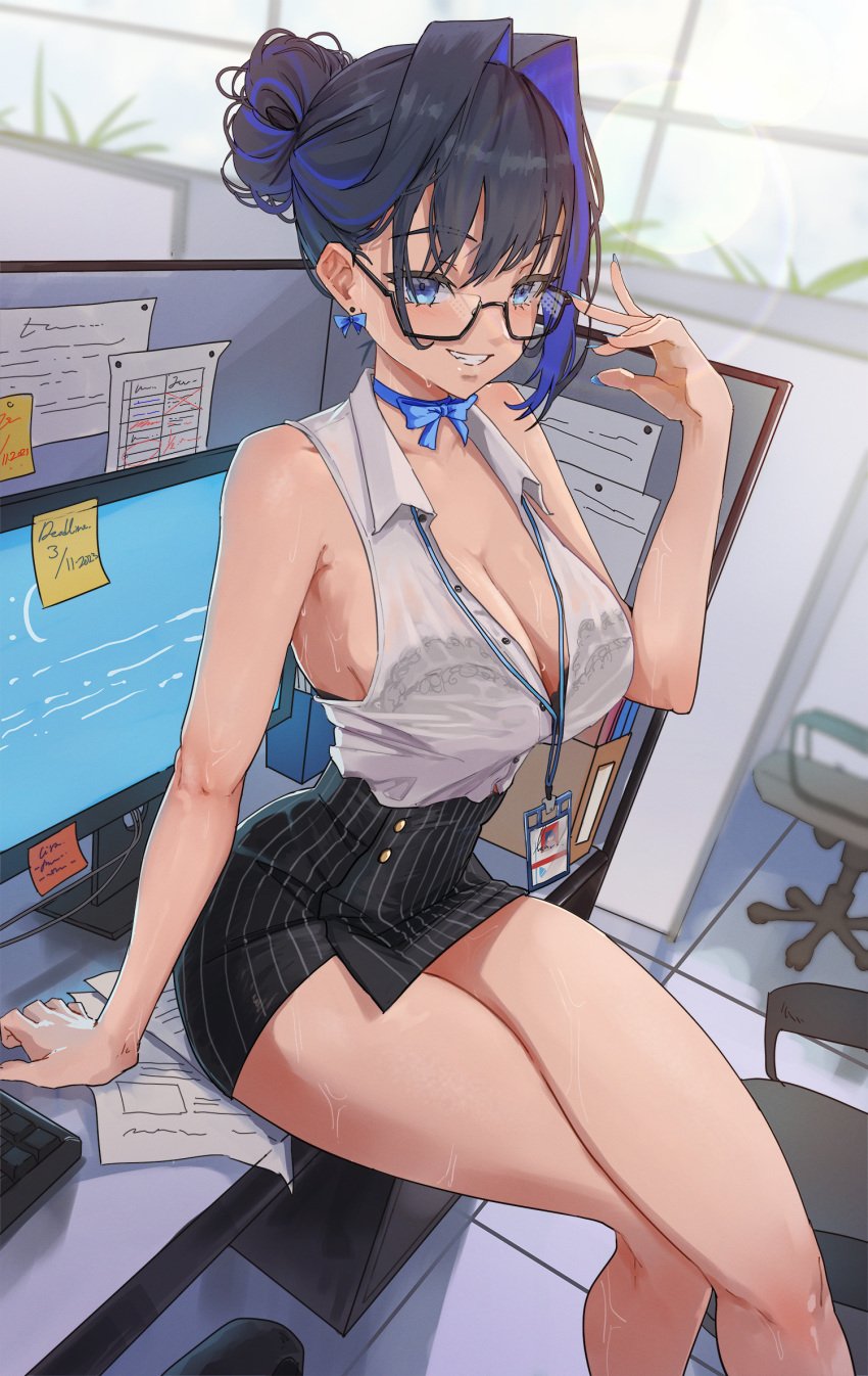 1girls adjusting_eyewear archinoer bare_shoulders big_breasts black_bra black_hair black_skirt blue_eyes blue_hair blue_ribbon blue_screen_of_death blush bow bow_earrings bra bra_visible_through_clothes breasts cleavage crossed_legs dripping earrings female glasses hair_intakes highres hololive hololive_english hololive_english_-council- hololive_english_-promise- jewelry lace-trimmed_bra lace_trim large_breasts light-skinned_female looking_at_viewer microskirt miniskirt office office_lady ouro_kronii ribbon see-through see-through_shirt semi-rimless_eyewear shirt short_hair sideboob skirt sleeveless sleeveless_shirt smile solo sweat sweating_profusely sweaty_clothes thick_thighs thighs underwear virtual_youtuber wet wet_clothes