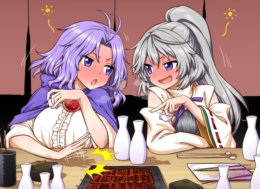 2girls absurd_res blue_eyes blue_hair breast clothed clothed_female couple couple_(romantic) drunk drunk_female girlfriend hair hi_res highres ichirin_kumoi imminent_sex imminent_yuri itou_yuuji light-skinned_female light_skin mononobe_no_futo touhou white_hair yuri