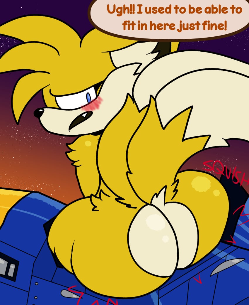 1boy absurd_res ass big_ass big_butt blush butt butt_squish canid canine chibitay femboy fox fur furry hi_res mammal sega sonic_(series) sonic_the_hedgehog_(series) squish stuck tails tails_the_fox yellow_body yellow_fur