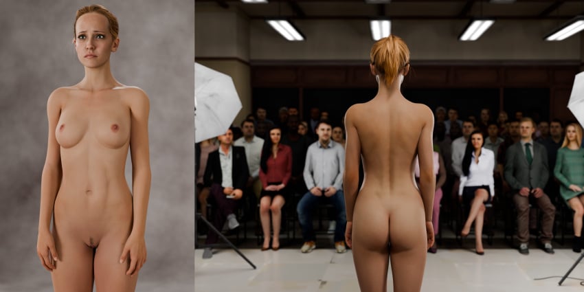 2koma 3d ass audience being_watched blonde_hair clothed_female_nude_female clothed_male_nude_female completely_nude_female crowd crowd_watching embarrassed_nude_female female_focus from_behind landing_strip laura_kearney nipples nude_model on_display only_one_naked ponytail public public_nudity pussy small_breasts studio the_quarry worried_expression