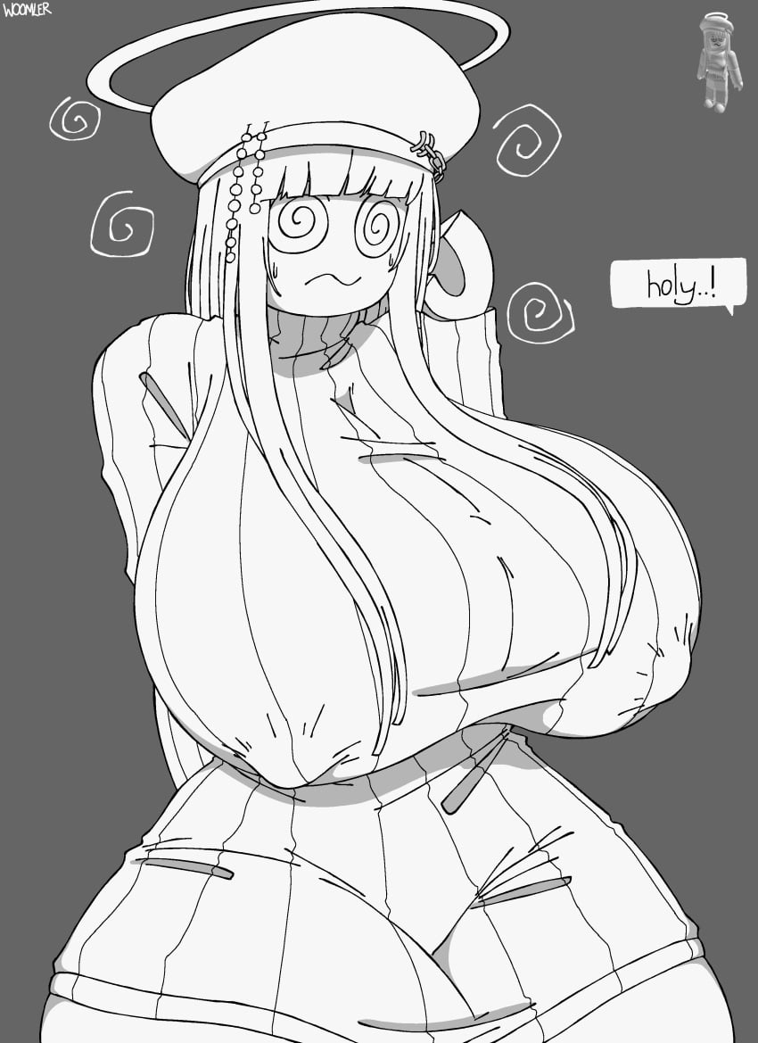 1girls 2d artist_name beret breasts clothed clothing dizzy_eyes female halo large_breasts long_hair reference_image roblox roblox_avatar robloxian self_upload solo sweater tagme thick_thighs thighs turtleneck white_clothing white_hair white_skin woomler