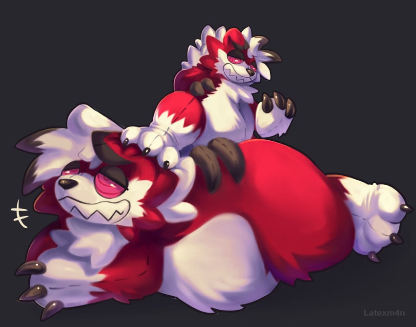 absurd_res after_transformation anthro duo generation_7_pokemon hi_res latexm4n lycanroc male male/male nintendo paws plushie plushie_transformation pokemon pokemon_(species) size_difference size_transformation step_pose stepped_on stitch_(sewing) transformation