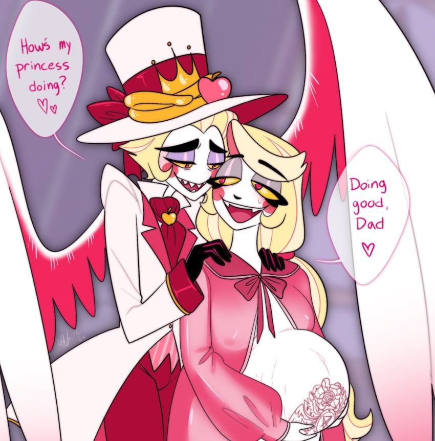 breasts charlie_morningstar_(hazbin_hotel) cheating_girlfriend father_and_daughter grabbing_from_behind grabbing_shoulders hazbin_hotel implied_incest lucifer_morningstar_(hazbin_hotel) mister_nebulous non_canon pregnant see_through_clothing wtf