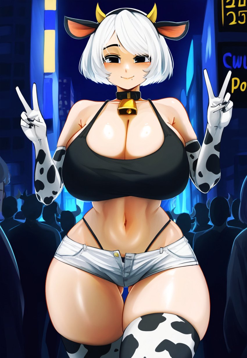 ai_generated bell_collar bimbo bimbo_body black_eyes blush city collar cow_ears cow_girl cow_horns cow_print cowbell crowd double_v elbow_gloves headband horns hourglass_figure huge_breasts massive_breasts maya_(tgm101) minishorts novelai original original_character peace_sign shortshorts smile street tank_top tgm101_(artist) thick_thighs thighhighs thin_waist thong thong_above_shorts white_hair wide_hips