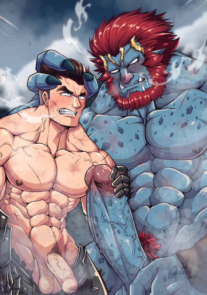 abs absurd_res beard big_dom_small_sub big_muscles big_pecs big_penis black_hair blue_body blush bodily_fluids clenched_teeth darius_(league_of_legends) dominant dominant_humanoid dominant_male duo erect_nipples erection facial_hair genitals hair handjob hi_res huge_cock huge_muscles human human_on_humanoid humanoid humanoid_dominating_human interspecies larger_humanoid larger_male league_of_legends male male/male mammal muscular muscular_human muscular_humanoid muscular_male musk nipples pecs penile penis pubes red_hair riot_games sex size_difference smaller_human smaller_male submissive submissive_human submissive_male sweat teeth tencent tofuboyz troll_(mythology) trundle tusks