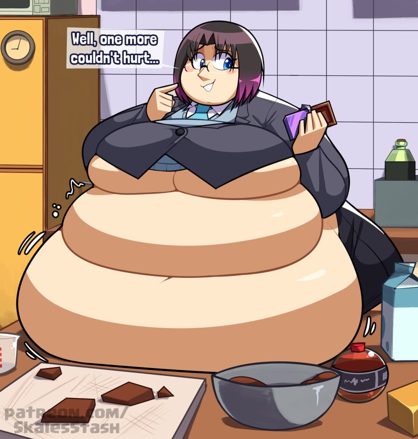 1girls 2024 bbw belly belly_on_table big_breasts blue_eyes breasts chocolate elma_(dragon_maid) english english_text fat fat_belly female female_focus gigantic_belly glasses hi_res high_resolution highres huge_belly miss_kobayashi's_dragon_maid obese obese_female plump short_hair skalesstash solo solo_female solo_focus speech_bubble text two_tone_hair underboob