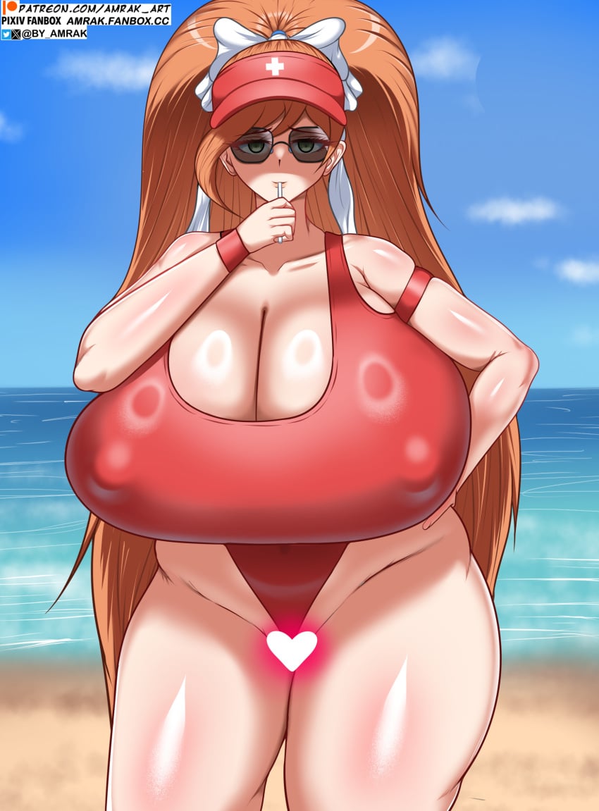 1female 1girls 1woman amrak big_breasts breasts breasts_bigger_than_head cap danganronpa danganronpa_3 female female_focus female_only huge_breasts large_breasts large_hair lifeguard lifeguard_swimsuit lolipop orange_hair sunglasses swimsuit tinted_eyewear video_game_character yukizome_chisa