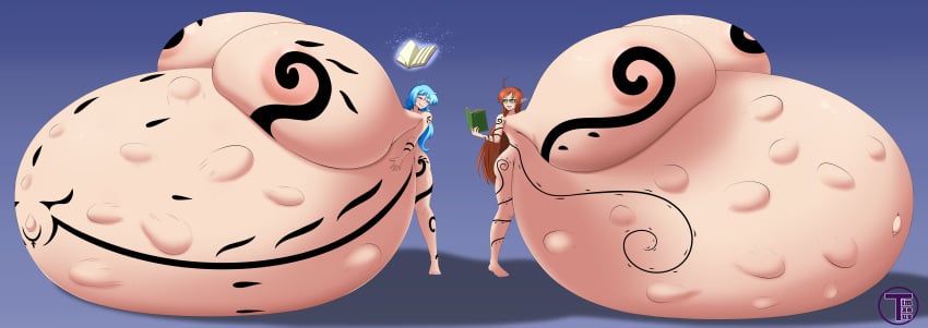 2girls alternate_breast_size areolae artist_name belly belly_bigger_than_body belly_on_ground bloated_belly blue_hair body_markings book breasts breasts_bigger_than_head breasts_bigger_than_torso breasts_on_belly completely_nude completely_nude_female female female_focus fetal_movement gigantic_belly gigantic_breasts green_eyes hand_on_own_belly holding_object hyper hyper_belly hyper_breasts hyper_pregnancy long_hair looking_at_another nipples nude nude_female orange_hair original original_character pointy_ears pregnant pregnant_female purple_eyes ready_to_pop round_belly simple_background smile someone_else's_oc standing timaeus