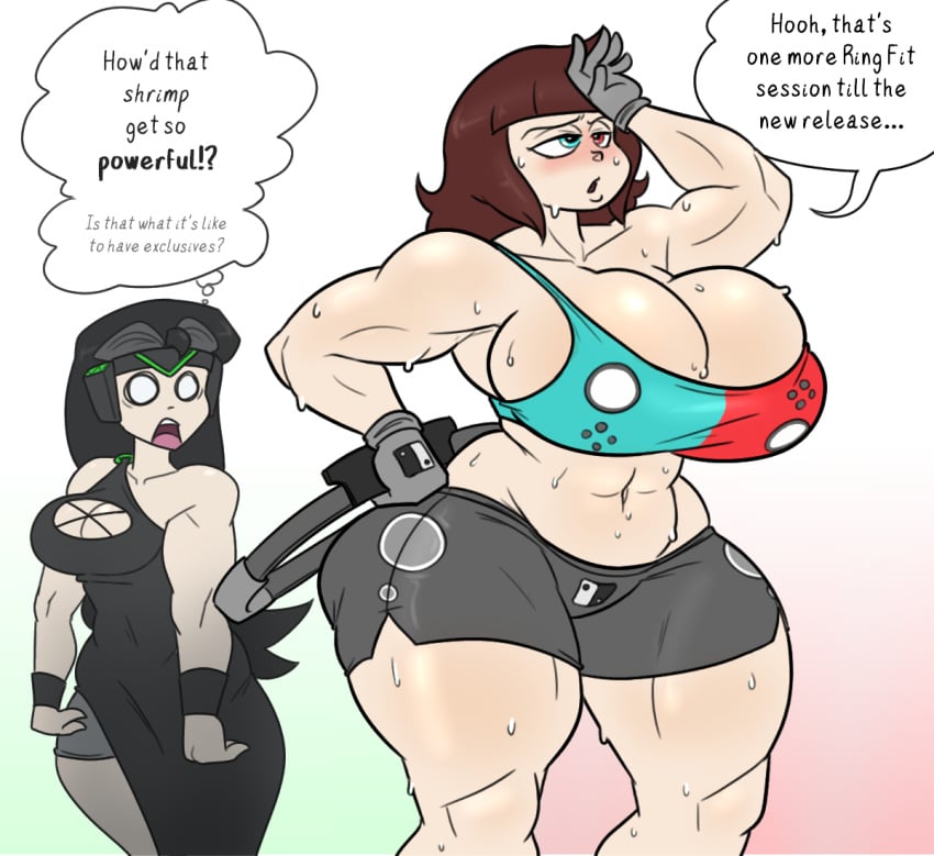 /ctt/ 2girls black_hair blank_eyes clothed console-tan dialogue gijinka heterochromia humanization humanized long_hair looking_at_another muscular_female nintendo nintendo_switch noh-buddy red_hair ring_fit_adventure sweating sweating_profusely switch-tan workout xbox_game_studios xbox_series_x xbox_series_x-tan