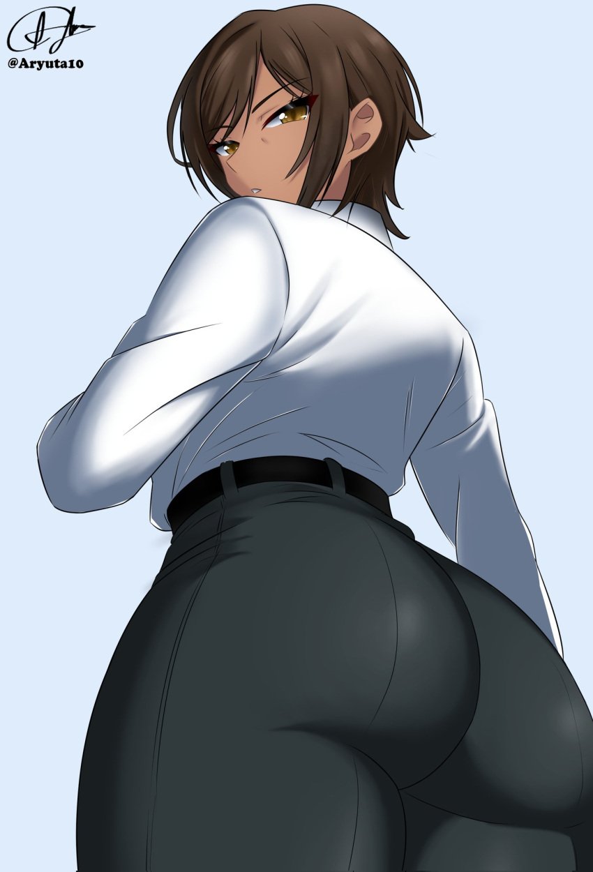 1girls artist_name ass ass_focus big_ass big_butt bottom_heavy brown_eyes brown_hair bubble_butt caked_up cheesecake dark-skinned_female dark_skin dat_ass dumptruck_ass emotionless emotionless_female fat_ass fully_clothed huge_ass imminent_kiss imminent_sex indifference indifferent limbus_company looking_back looking_down mature_female milf oblivious office_clothing outis_(limbus_company) pants project_moon rear_view short_hair simple_background text thick_thighs thunder_thighs tight_clothing tomboy unbothered uncaring video_games wide_hips