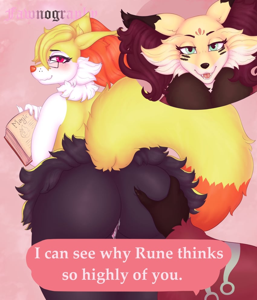 anthro ass big_butt blush bodily_fluids book braixen butt_grab cinder_brai cum cum_drip cum_in_pussy cum_inside delphox dialogue dialogue_box digital_media_(artwork) dripping duo eyewear fawnography female fur fynx_vesuvious generation_6_pokemon genital_fluids genitals glasses groping_from_behind hand_on_butt hi_res inner_ear_fluff male male/female mammal mature_male nintendo nude pokemon pokemon_(species) pussy red_eyes tail tuft wearing_glasses yellow_body yellow_fur